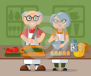 Beautiful elderly family couple in aprons cooking healthy fresh morning breakfast in the kitchen together
