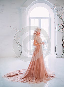 Beautiful elegant blond woman princess standing. Model in white interior classic vintage medieval room french window