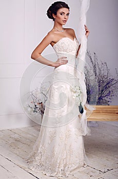 Beautiful elegant bride in luxurious wedding dress