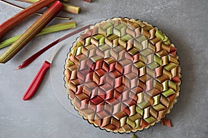 Beautiful elegant and delicious Rhubarb - Strawberry geometric pie against white background