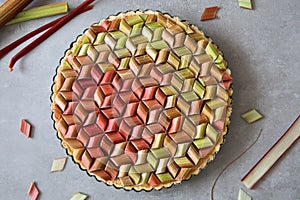 Beautiful elegant and delicious Rhubarb - Strawberry geometric pie against white background
