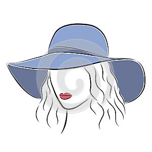 Beautiful elegant lady in the blue wide-brimmed hat.