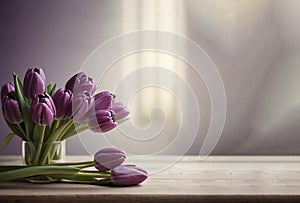 Beautiful elegant purple tulip flowers on the table background with copy space