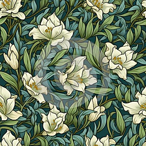 Beautiful elegant seamless floral pattern with white lilies flowers and dark green and blue leaves in Art Nouveau style. Artistic