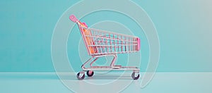 A beautiful and elegant shopping cart in light beige pastel tones, against a plain colored background. Generative AI