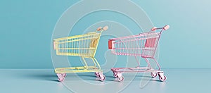 A beautiful and elegant shopping cart in light beige pastel tones, against a plain colored background. Generative AI