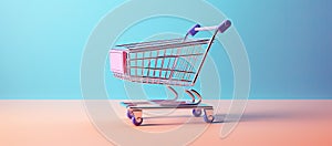 A beautiful and elegant shopping cart in light beige pastel tones, against a plain colored background. Generative AI