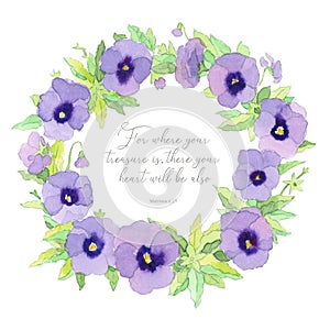 Beautiful elegant watercolor purple garden pansy wreath frame with inspiring Bible quote