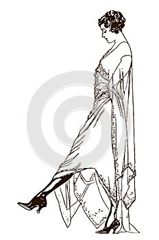 Beautiful elegant woman from the 20s in side view, wearing long dress