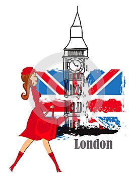 Beautiful elegant woman shopping in London - banner on isolated background