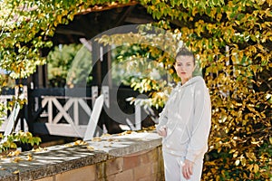 Beautiful elegant woman standing in autumn park with yellow leaves outdoor. Beauty Romantic Girl Outdoors enjoy autumn