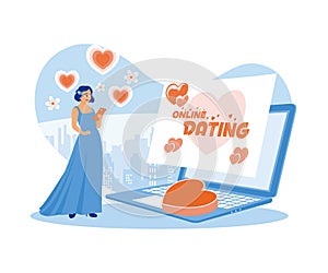 A beautiful, elegantly dressed girl visits an online dating site. Online Dating concept.