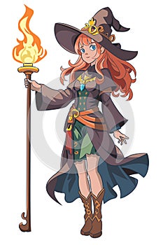 Beautiful elf girl in a hat and with a burning staff isolated on a white background.