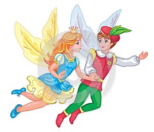 Beautiful Elf princess and prince. Children illustration for sticker print. Fairy tale about Thumbelina. Colorful wings