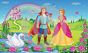 Beautiful elf Princess, Prince, Swan. King and Queen. Fairytale background. Flower meadow, castle, rainbow, lake. Wonderland.