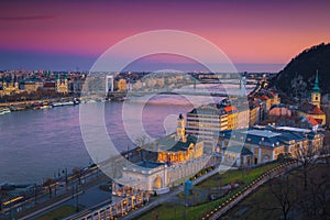 Beautiful Elisabeth bridge and Pest cityscape at sunset, Budapest, Hungary