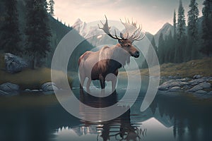 Beautiful elk in the mountain lake. 3d rendering.