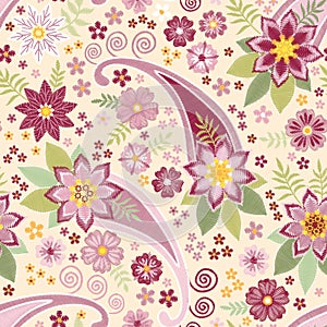 Beautiful embroidery seamless pattern with floral and paisley ornament. Vector fancywork print with flowers photo