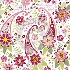 Beautiful embroidery seamless pattern with flowers and paisley. Floral ornament in purple and pink colors. Print for fabric