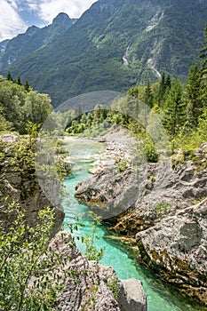 Velika Korita or Great canyon of Soca river near Bovec, Slovenia. Beautiful vivid turquoise river stream in Triglav National Park