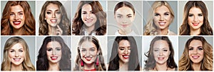 Beautiful emotional female faces set. Happy friendly women faces, positive emotions portraits