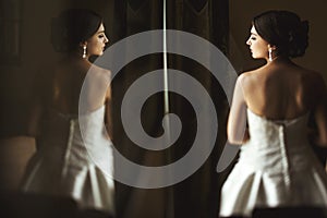 Beautiful emotional french brunette bride reflection in picture