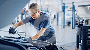 Beautiful Empowering Female Mechanic is Working on a Car in a Car Service. Woman in Safety Glasses