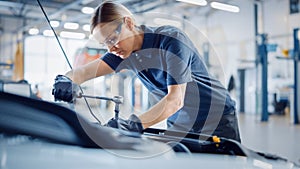 Beautiful Empowering Female Mechanic is Working on a Car in a Car Service. Woman in Safety Glasses