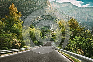 Beautiful Empty Asphalt Freeway, Motorway, Highway Against Mountains Background. Travel Road Concept. France