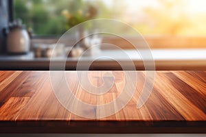 Beautiful empty brown wooden table top and blurred defocused modern kitchen interior background with daylight flare, product