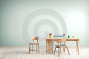 A beautiful empty classroom with desk and chair, featuring a whiteboard and cyan walls. Soft light illuminating the room, photo