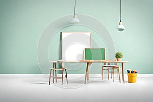 A beautiful empty classroom with desk and chair, featuring a whiteboard and cyan walls. Soft light illuminating the room, photo