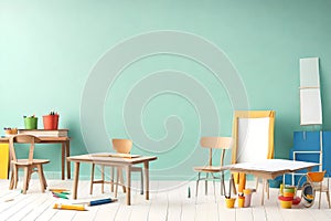 A beautiful empty classroom with desk and chair, featuring a whiteboard and cyan walls. Soft light illuminating the room, photo