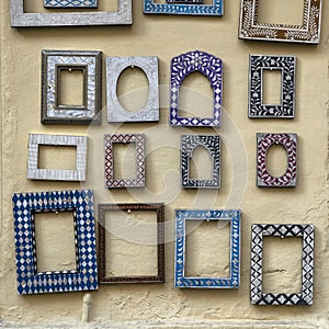 Beautiful empty picture frames hanging on the wall, Udaipur, India