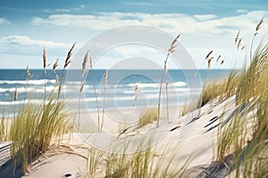 Beautiful empty white sand dunes at the sea beach. Sea landscape with sandy dunes and beach grass. Generative AI