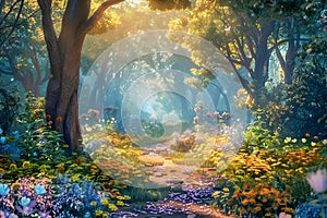 Beautiful enchanted forest with flowers