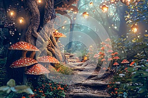 Beautiful enchanted forest with a path and mushrooms