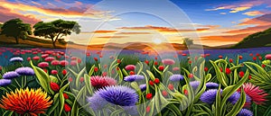 Beautiful enchanted landscape. Magic meadow with spring blooming trees. Illustration vector