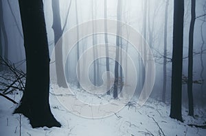 Winter wonderland forest with fog