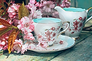 Beautiful, English, vintage teacup with Japanese cherry tree blossoms