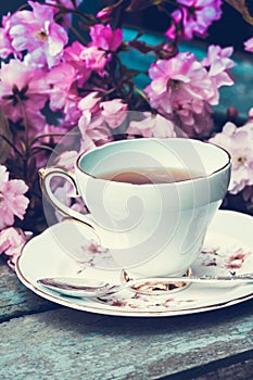 Beautiful, English, vintage teacup with Japanese cherry tree blossoms