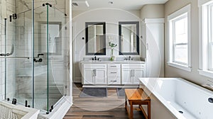 Beautiful ensuite bathroom in new farmhouse style luxury home with double vanity. Generative Ai