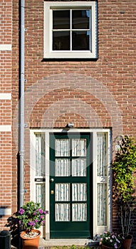 Beautiful entrance green door in the heart of Haarlem city