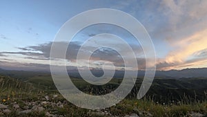 Beautiful epic cinematic view of valley, Gumbashi Pass, North Caucasus. Sunset