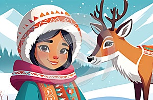 A beautiful Eskimo girl in national clothes standing in tundra with a deer.