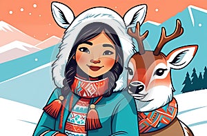 A beautiful Eskimo girl in national clothes standing in tundra with a deer.
