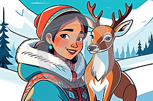 A beautiful Eskimo girl in national clothes standing in tundra with a deer.