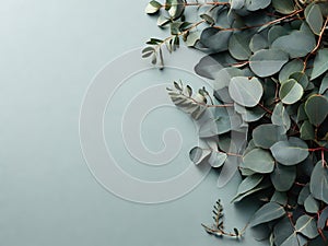 Beautiful eucalyptus branches on color background, flat lay