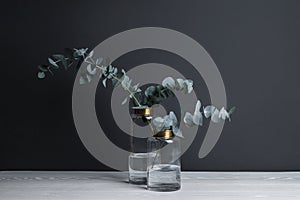 Beautiful eucalyptus branches in glass vases on white wooden table against black background