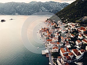 Cinematic old town Perast, Montenegro. Drone photography photo